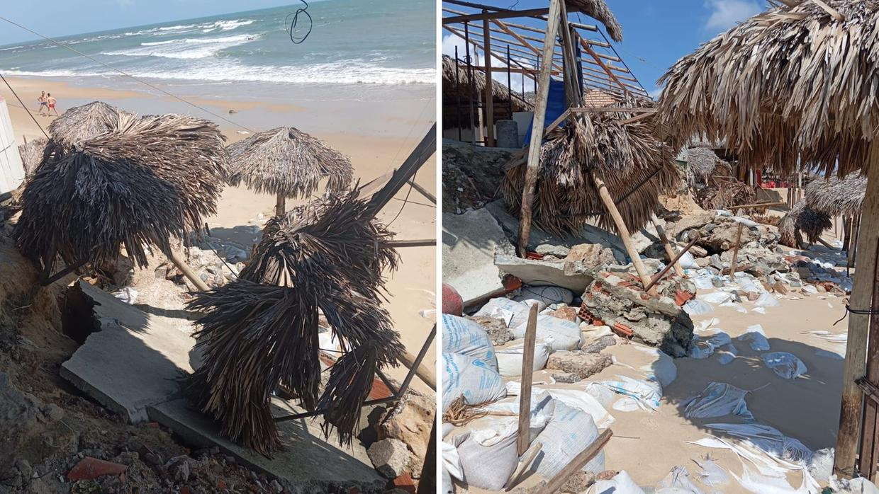 Maré invade barracas e derruba estruturas em calçadão da Barra do Ceará, em Fortaleza